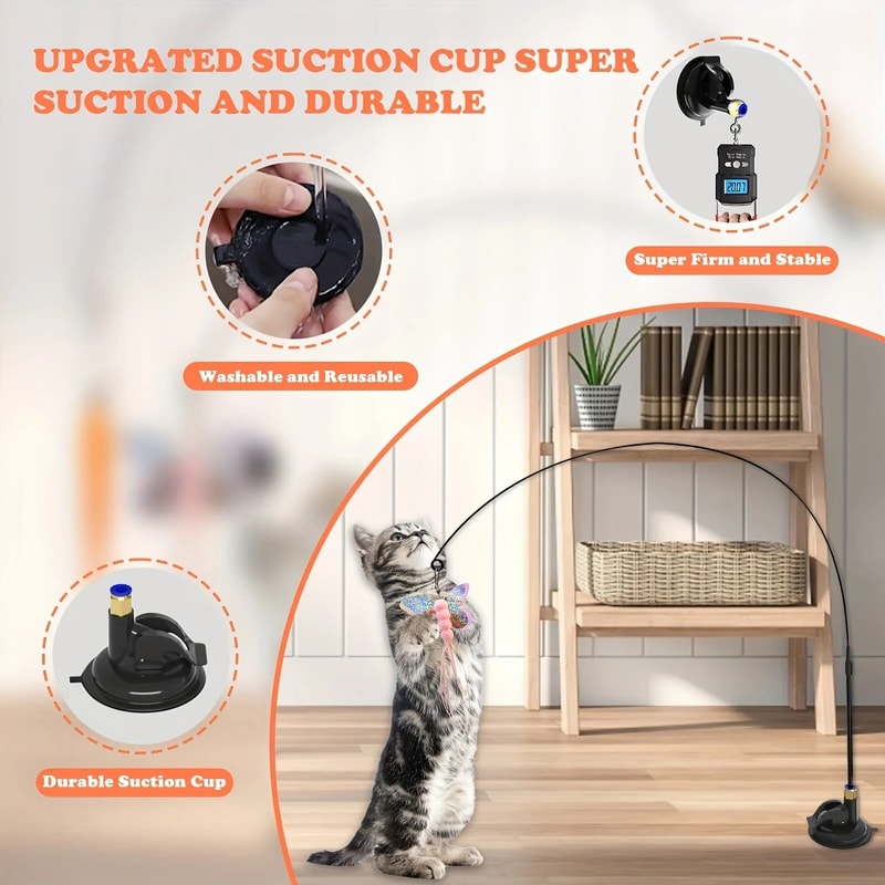 Interactive Cat ToyFeather Wand With Bell Long Suction Cup PoleStimulating Teaser Toy For Playful 3