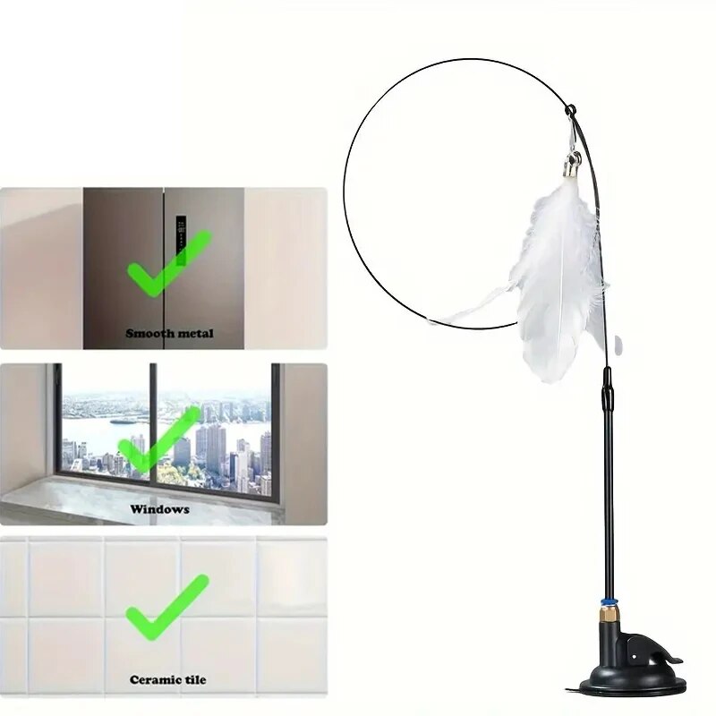 Interactive Cat ToyFeather Wand With Bell Long Suction Cup PoleStimulating Teaser Toy For Playful 10