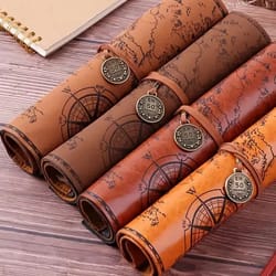 leather roll up pencil case,retro treasure map design with embossed buckle,spacious & stylish stationery organizer