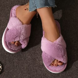 womens cross strap fur slippers indoor light warm plush home slippers with faux fur flat heel