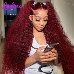red burgundy 13x6 hd lace frontal wig human hair, deep wave 13x4 transparent lace front curly wig pre-plucked for black