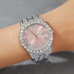 luxury women watch pink full diamond studded, iced out two tone quartz clock, elegant business waterproof timepiece