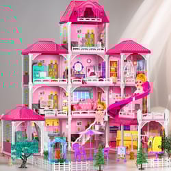 girls doll house with 2 dolls, pretend play villa kids toys for 3-8 ages, accessories slide birthday gifts
