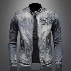 men's vintage motorcycle denim jacket, trendy stand collar zip up lapel, casual retro sports top, unique brand jacket