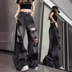 unique cool ripped jeans, womens summer distressed american style, loose fit bell bottoms, versatile straight leg long
