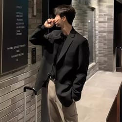 trendy men's casual blazer, autumn loose fit black jacket, western style single breasted dongdaemun fashion