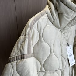 quilted jacket for women, beige cotton coat with drawstring ties, high neck, pocket clip