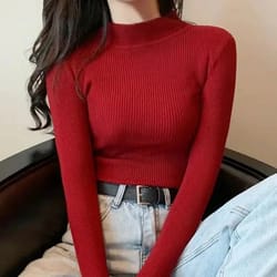 autumn winter mock neck, vintage solid knitted tops, casual slim pullover for women