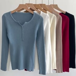 soft warm tops for women, autumn winter button v neck sweater, basic slim pullover, knit jumper for cozy style