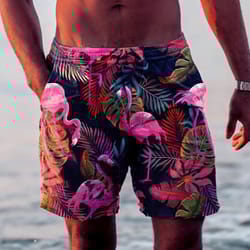 holiday hawaiian mens swim trunks leaf flamingo graphics quick drying micro elastic drawstring shorts