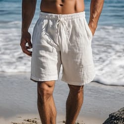 vintage linen shorts for men solid color casual beach shorts with drawstring & lace-up design