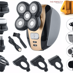 mens rotary electric shaver 5-in-1 rechargeable bald head razor with beard trimmer, nose clipper & facial brush kit