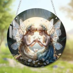 magical fairy magic night suncatcher, stained glass acrylic heart wall hanging for indoor outdoor home garden fantasy