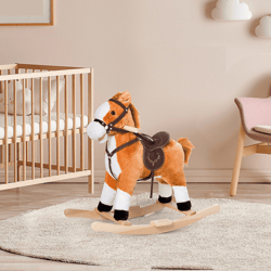 kids rocking horse plush ride on toy with sound & moving tail, classic child rocker