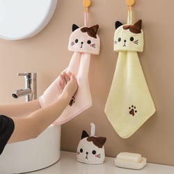 cute cartoon cat hand towel, thickened coral velvet cloths for kitchen, bathroom & home, quick-drying cleaning cloths