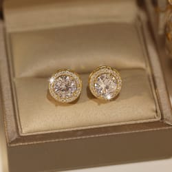 luxury crystal white zircon stud earrings, yellow gold vintage round crystal studs, luxury wedding jewelry for women