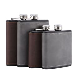 portable hip flask with brown leather cover stainless steel flask for alcohol & whiskey ideal man gift