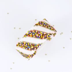 peyote pattern for miyuki bracelet with colorful mosaic ribbons design and pinch of gold beads. handmade wedding jewelry