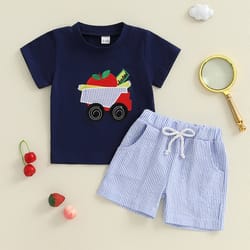 toddler boy summer outfits 2-piece set, apple embroidery short sleeve top & stripe shorts