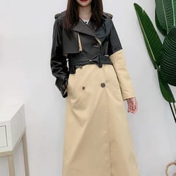 elegant office lady genuine leather trench coat, double breasted streetwear, slim belt, fashion patchwork women overcoat