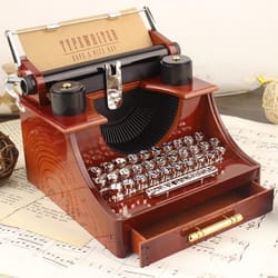 vintage style wood metal typewriter music box, creative classic desktop home office decor, musical toy gift