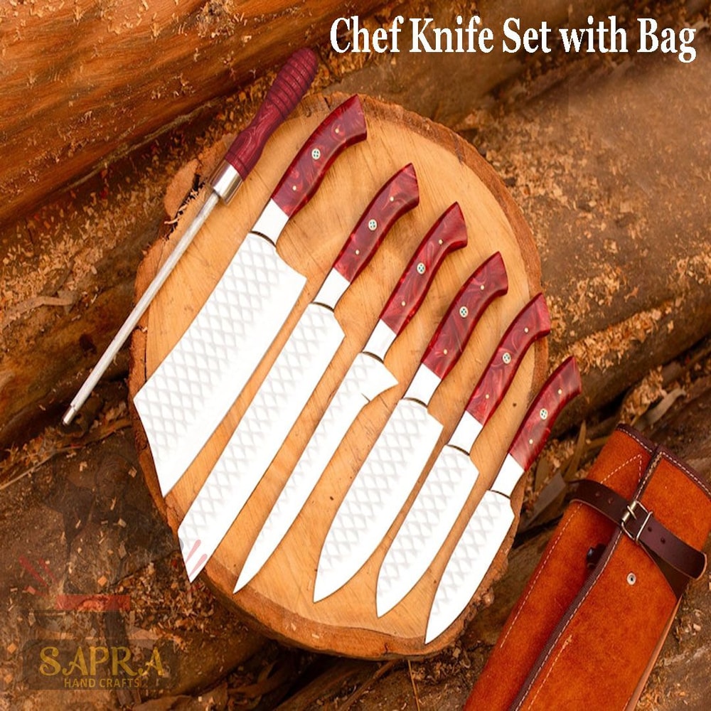 Custom Handcrafted J2 Steel Chef Knife Set With Leather Roll Bag Sharpener 0