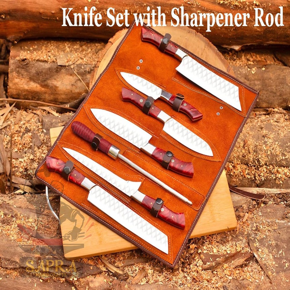 Custom Handcrafted J2 Steel Chef Knife Set With Leather Roll Bag Sharpener 1