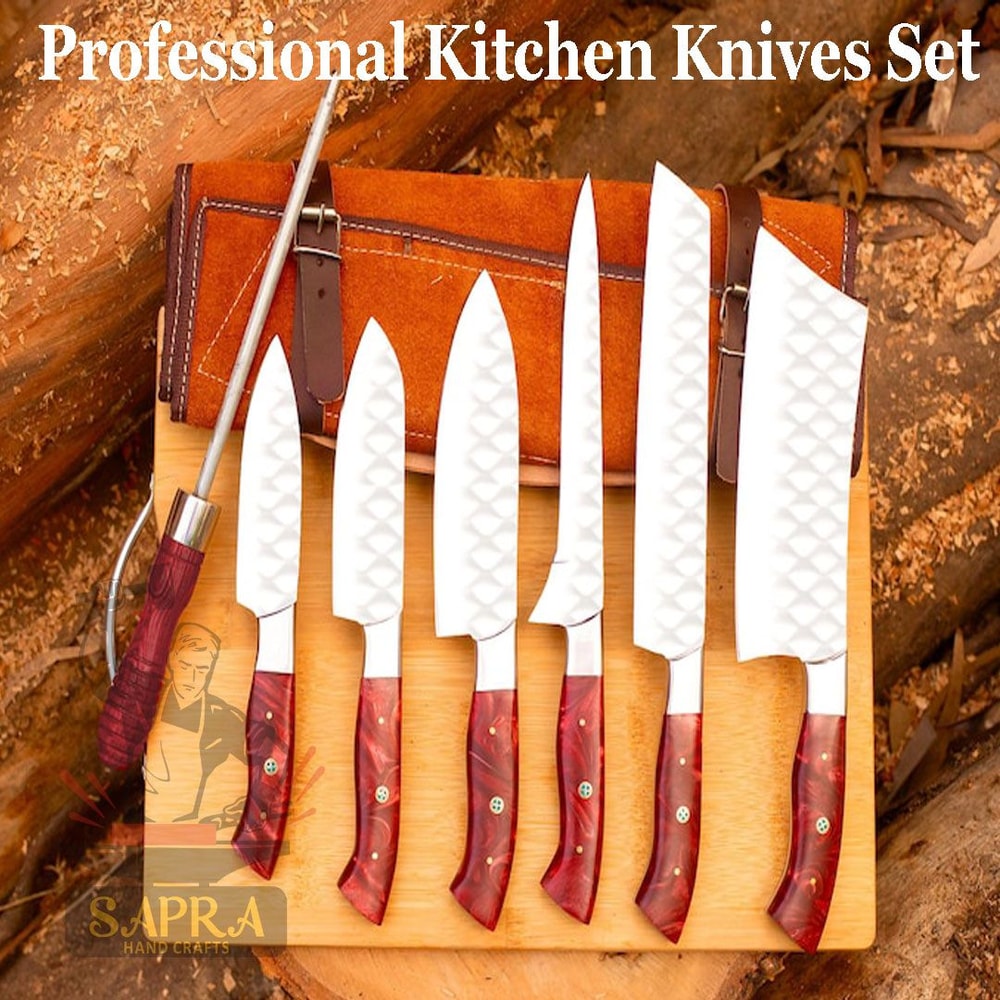 Custom Handcrafted J2 Steel Chef Knife Set With Leather Roll Bag Sharpener 2