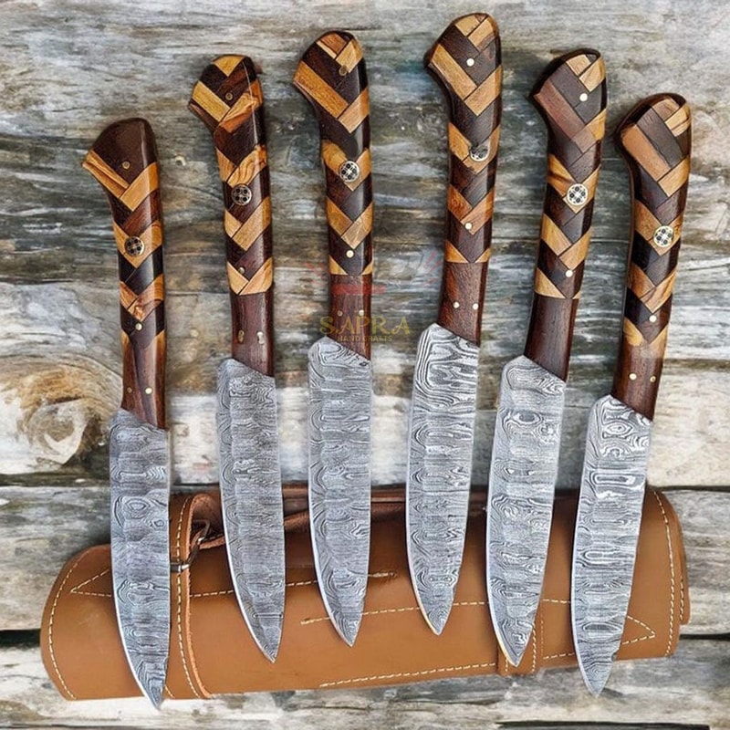 Handmadedamascussteakknives6pcsetwithrollbag 3