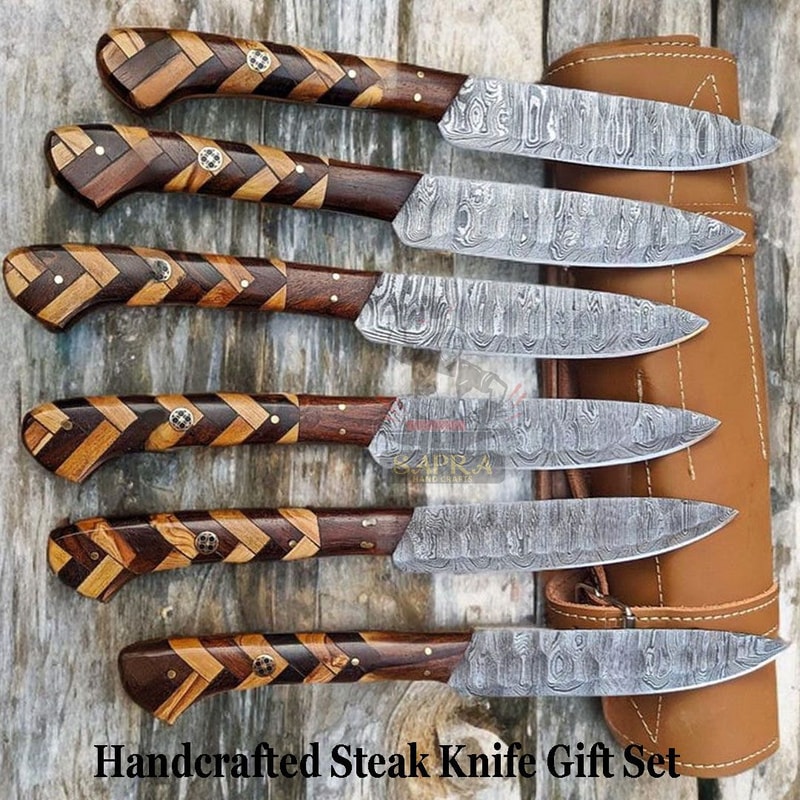 Handmadedamascussteakknives6pcsetwithrollbag 4
