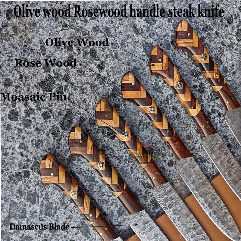 Handmadedamascussteakknives6pcsetwithrollbag 1