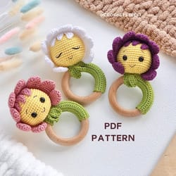 crochet pattern for babies: daisy flower baby rattles 0-6 months, girl boys easy grab 0-3 months baby rattle, wood ring