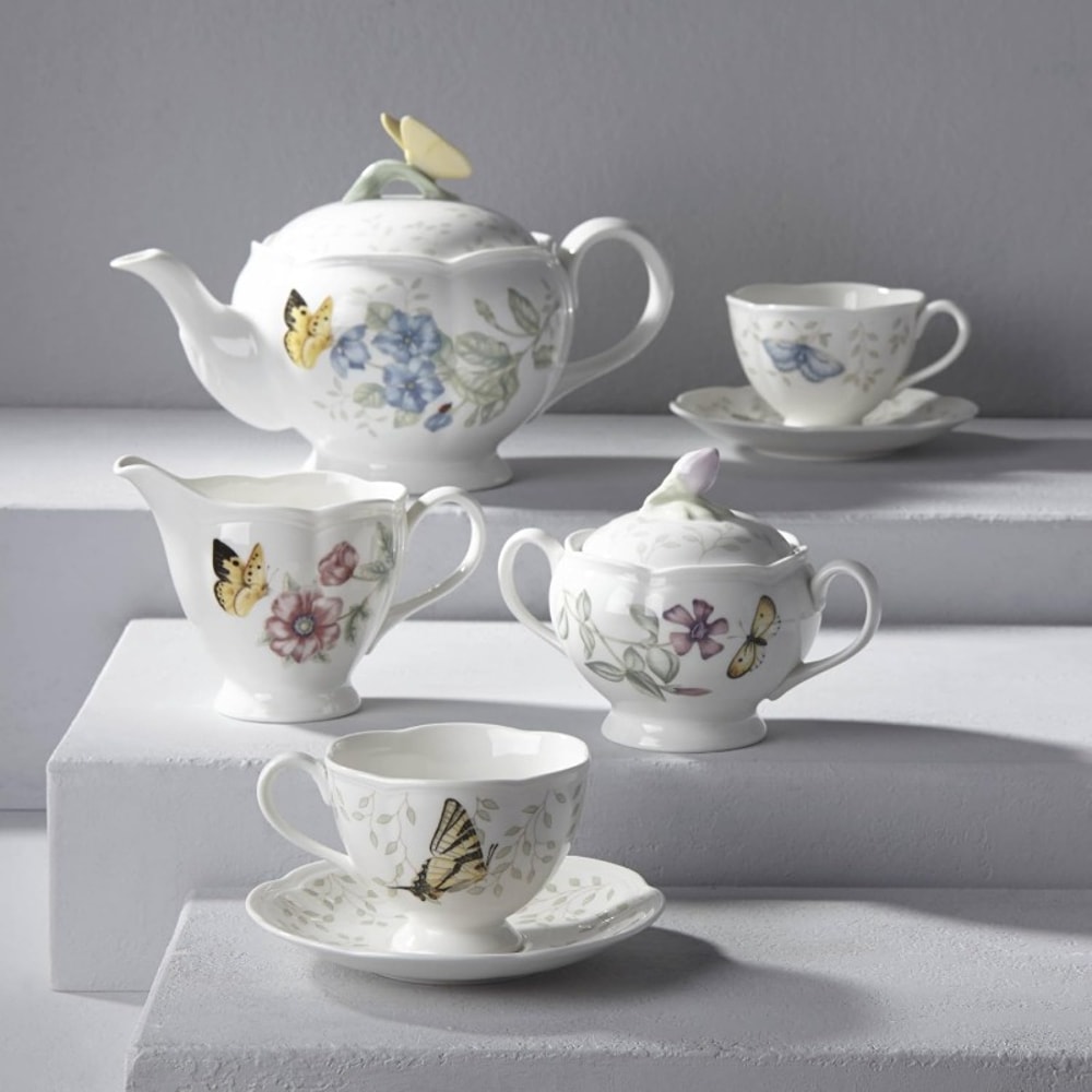 Butterfly Meadow Tea Set for 2 – Elegant White Floral Porcelain Tea Service