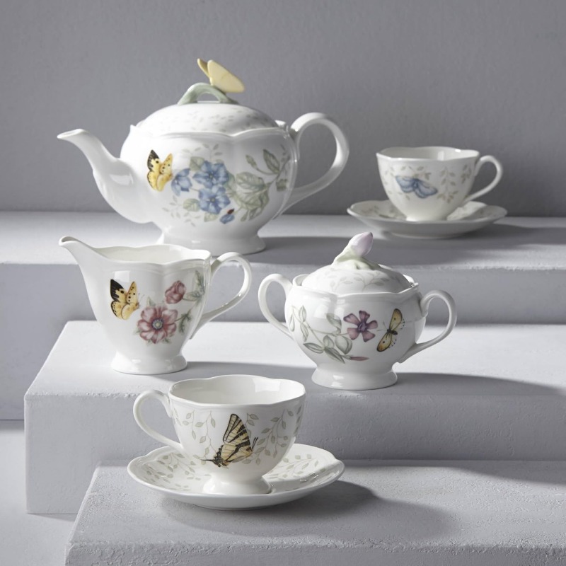 Butterfly Meadow Tea Set for 2 – Elegant White Floral Porcelain Tea Service