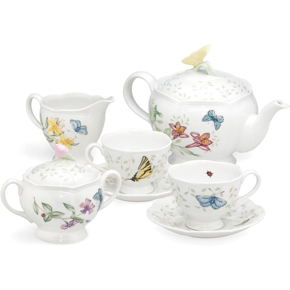 Butterfly Meadow Tea Set for 2 – Elegant White Floral Porcelain Tea Service