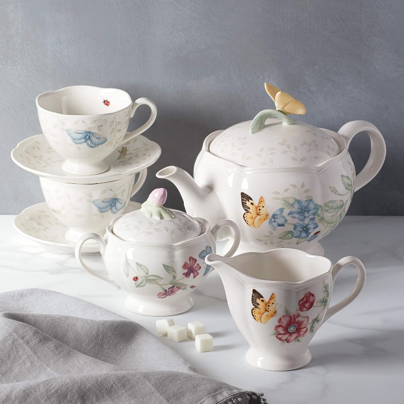 Butterfly Meadow Tea Set for 2 – Elegant White Floral Porcelain Tea Service