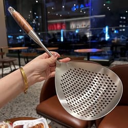 stainless steel strainer with wood handle multi use kitchen sieve & scoop spoon