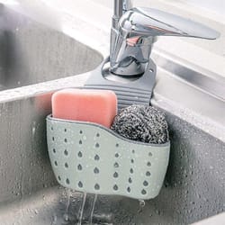 adjustable sink draining hanging basket, rubber sink bag, soap sponge shelf & faucet holder for kitchen & bathroom