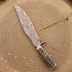 copper damascus bowie knife | stag handle & brass bolster | handmade hunting & survival knife | gift for hunter