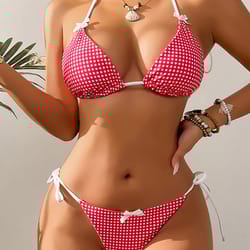 sexy bikini swimwear women's halter thong bikinis sets with butterfly decor checked pattern for beachwear bathing suit