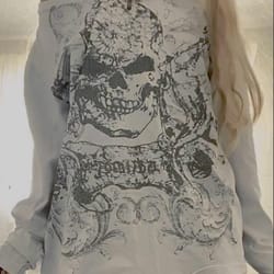 women grunge fairy tops fashion halloween party blouse, long sleeve off shoulder skull print casual street fall t-shirt