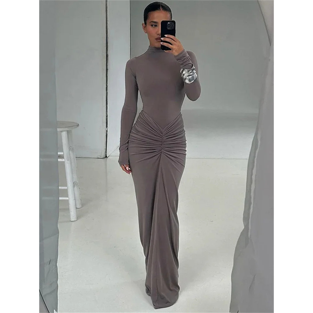 Tossy Pleated Fashion Patchwork Maxi Dress Womens High Waist Long Sleeve Solid Slim Party Dress Sum 0
