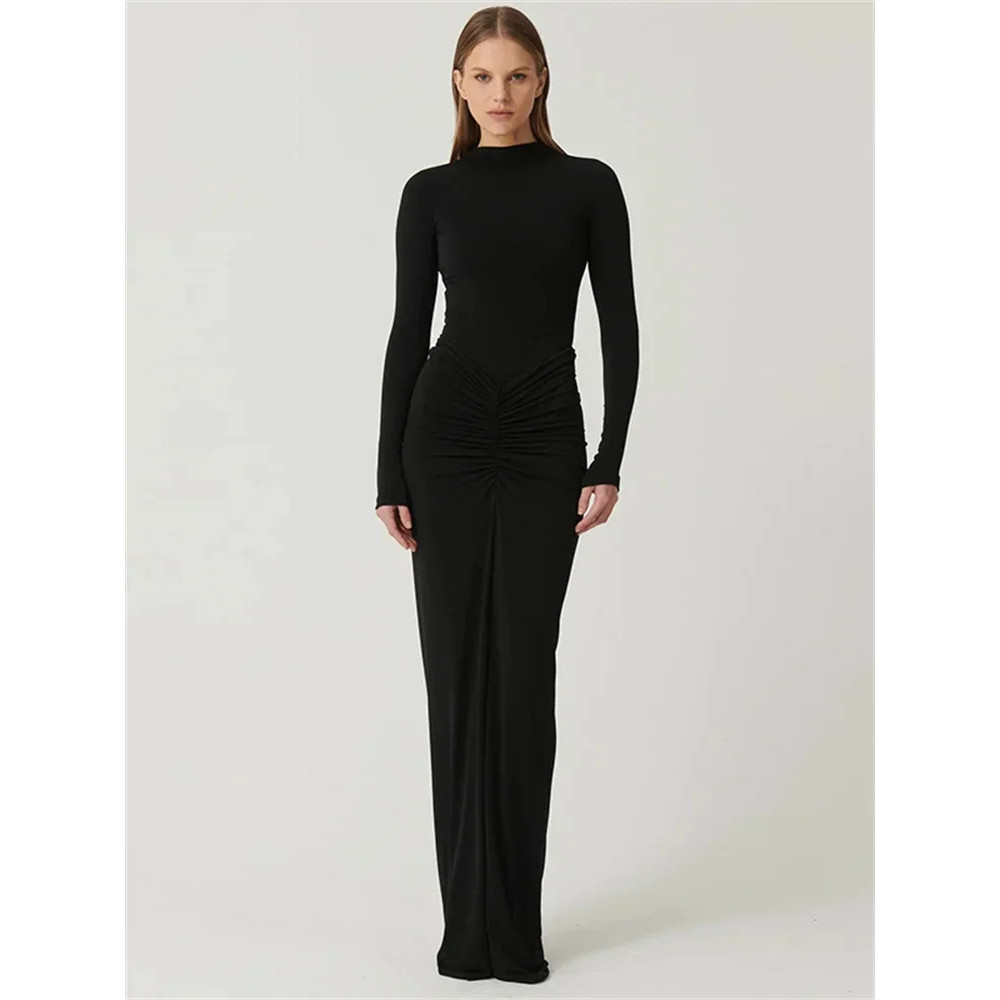 Tossy Pleated Fashion Patchwork Maxi Dress Womens High Waist Long Sleeve Solid Slim Party Dress Sum 4