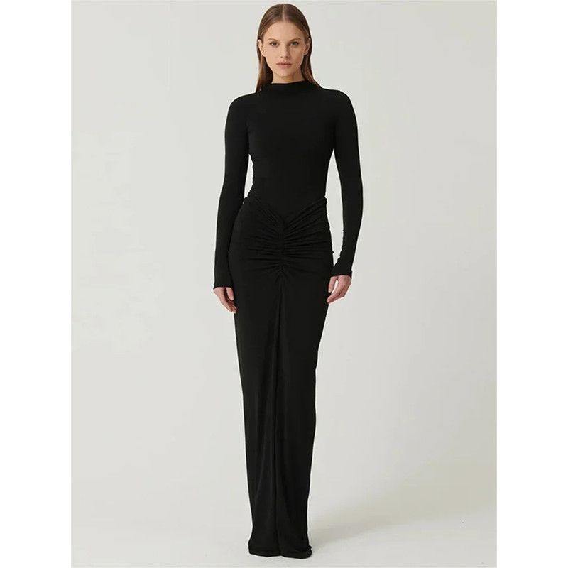 Tossy Pleated Fashion Patchwork Maxi Dress Womens High Waist Long Sleeve Solid Slim Party Dress Sum 4