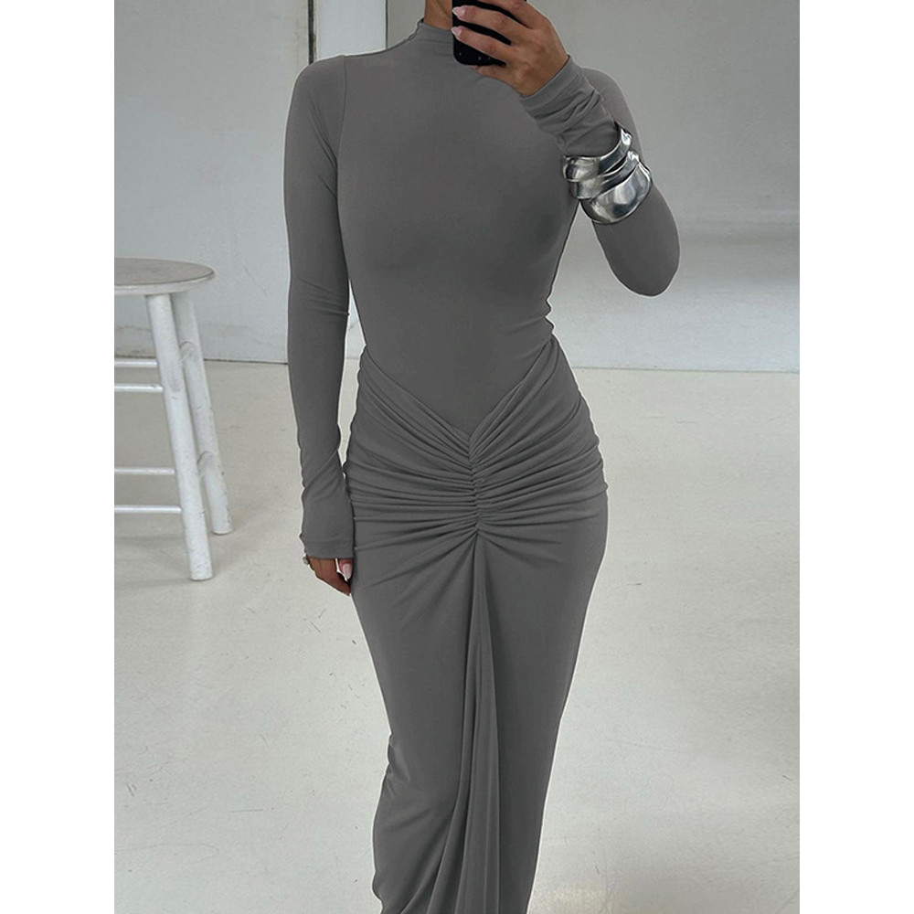Tossy Pleated Fashion Patchwork Maxi Dress Womens High Waist Long Sleeve Solid Slim Party Dress Sum 6