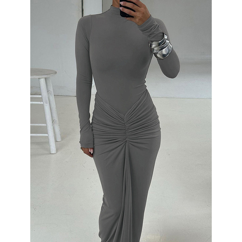Tossy Pleated Fashion Patchwork Maxi Dress Womens High Waist Long Sleeve Solid Slim Party Dress Sum 6