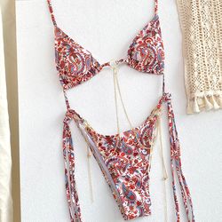 sexy triangle chains bikini set with micro thongs, bandage-style swimwear for women beachwear print thong bikini