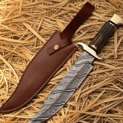 handmade snake damascus steel bowie knife | deer horn handle | custom full tang hunting & survival knife