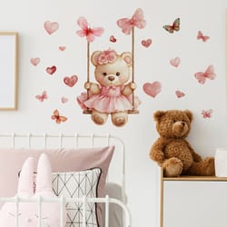 cartoon bear swing wall stickers, butterfly mural for kids bedroom, child room background decoration, self adhesive home