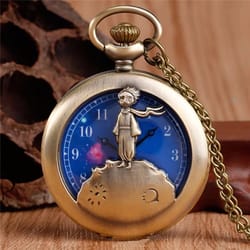 vintage little prince necklace, bronze hollow pendant, pocket watch